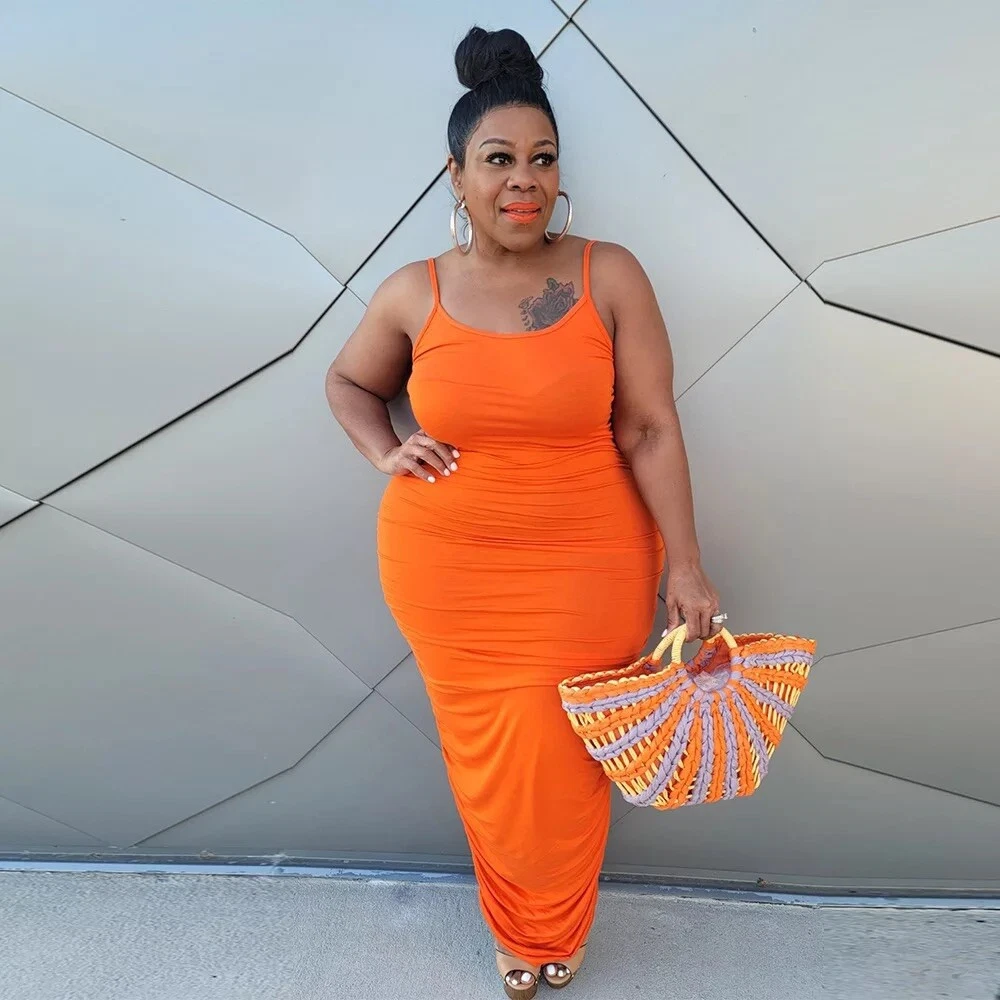 Women Summer Maxi Dress Plus Size Orange, Stretch 1x 2x 3x 4x