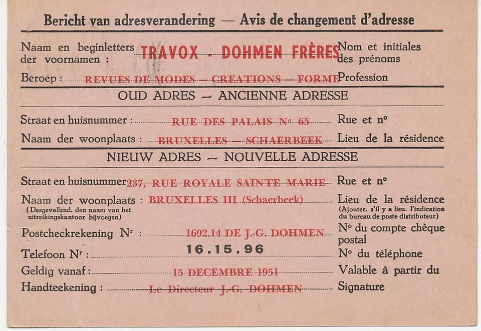BELGIEN 5.1.1952 extrem selt. Privat-GA Anschriftänderungskarte in die Schweiz R - Bild 2 von 3
