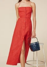 Reformation Manon Red Button Fit & Flare Halter Cut Out Shirt Dress Size 2 #11