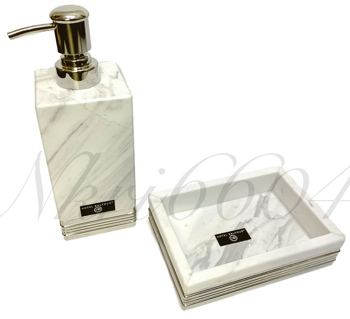 HOTEL BALFOUR Bath Bathroom SILVER WHITE MARBLE SOAP DISH LOTION PUMP