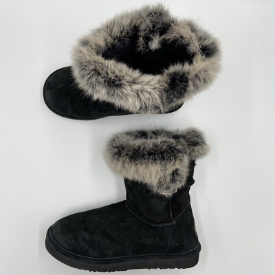 LAMO Boots Womens 8 Black Ankle Suede Fur Trim Water & Stain Resistant Buckle