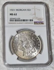 1921 P MORGAN 90% SILVER ONE $1 DOLLAR NGC MS 62 MS62 PHILADELPHIA MINT USA COIN