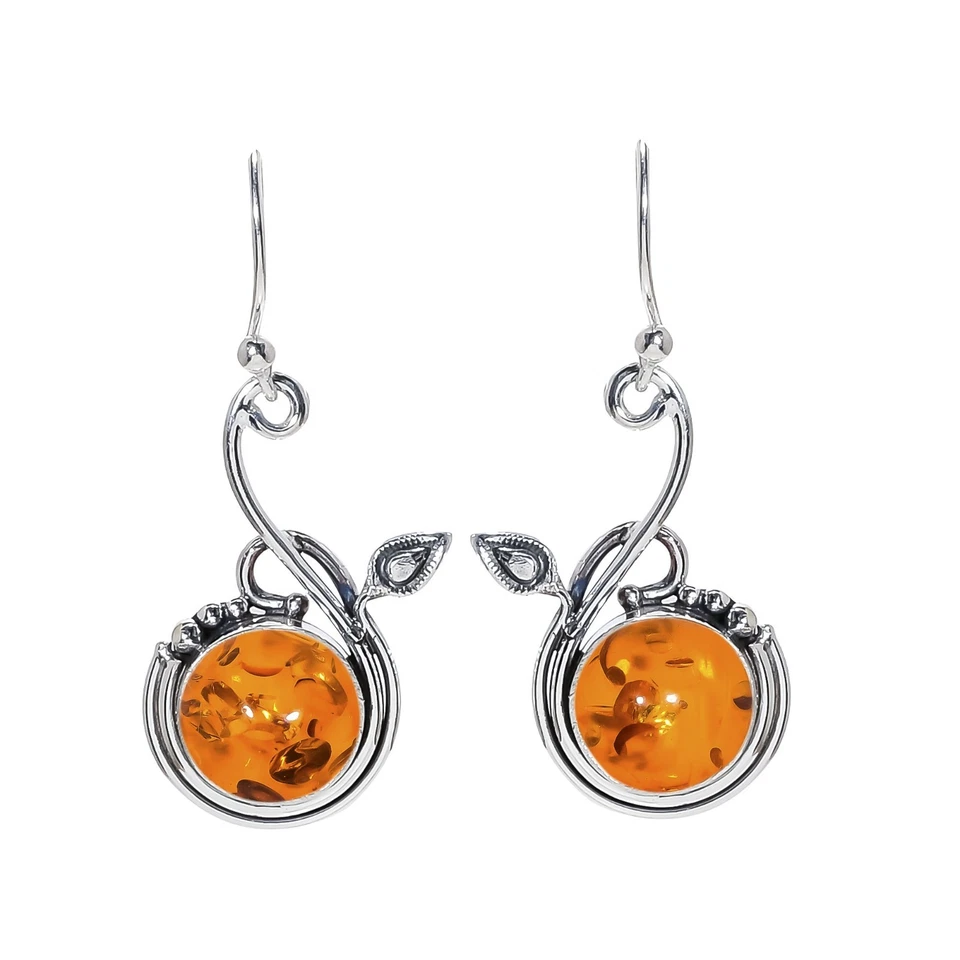 Venta de Navidad AMBAR Piedras Preciosas Plata Esterlina Bisel Gota Gancho Pendientes Joyería Foto 3 de 4