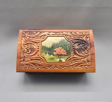 VTG Hand Carved Wooden Trinket Box with Mirror Inlay Decorative Scenic Landscape