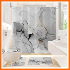 4 Pcs Bathroom Shower Curtain Set with Non-Slip Rugs, Toilet Lid Cover and Ba...