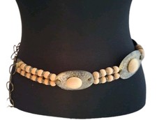 Vintage Women S Belt Metal Disk Chain Fasten Wood Beeding 36" Boho Festival 