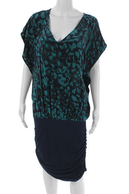 Akiko Womens Blouson Dress Blue Silk V-Neck Short Sleeve Knee Length Size M