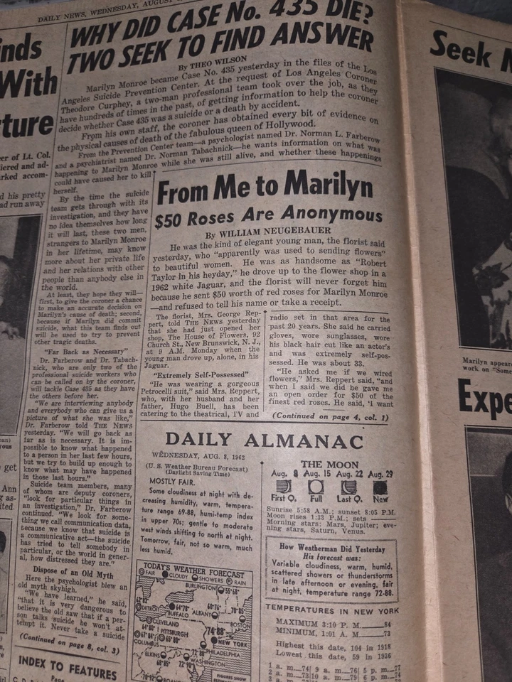 Marilyn Monroe Mystery Call 8 de agosto de 1962 Daily News periódico completo Foto 4 de 4