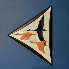 Vintage MCM 1970s Burwood Orange Flying Geese Birds Wood Wall Hanging Plaque