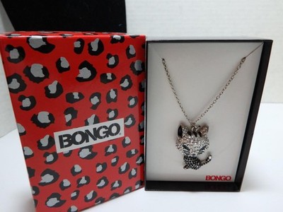 NIB Bongo Cat Rhinestone Silver Tone and Black Large Cat Necklace