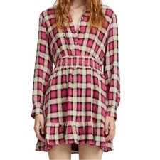 Zara Plaid Pink Tan Checked Shirt Long Sleeve Mini Dress Size XS