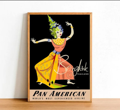 Bangkok Thailand Airline Retro Advertisement Poster Print, Vintage Plane