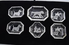 Lot of 6 Art Deco Intaglio Bohemian Czech Glass Open Salt Cellars Dogs & Horses