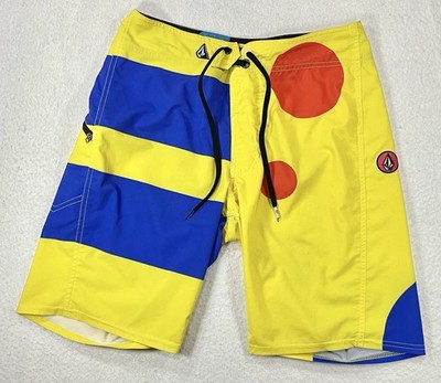 Volcom Boardshorts Men s Yellow Blue Red Stripe 4-Way Stretch Surf Trunks 30