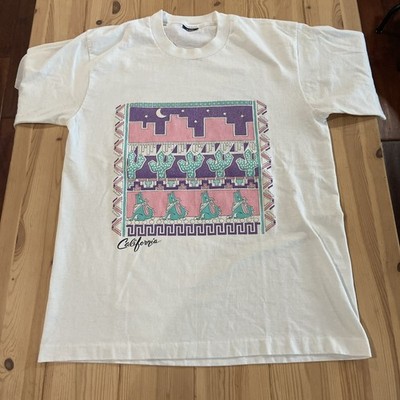 Vintage Large California Tourist Destination Tee Desert Native Art Wolf Cactus