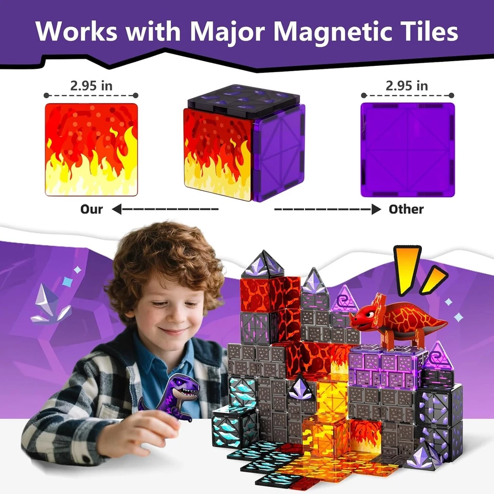 Magnetic Dinosaur Toys Magnetic Tiles Lava Cave Dinosaur World Set, STEM, 3+ Yrs - Image 3 of 4