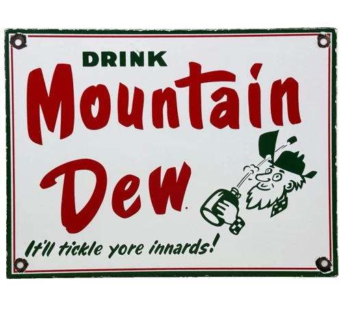 VINTAGE MOUNTAIN DEW PORCELAIN SIGN SODA POP BOTTLE CAN BAJA BLAST GAS STATION