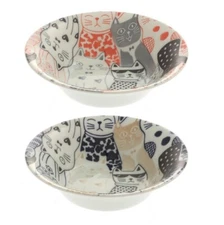 SET of 2 Japanese Soup Rice Noodle Bowls 6.5"D Porcelain Lucky Cats JAPAN MADE