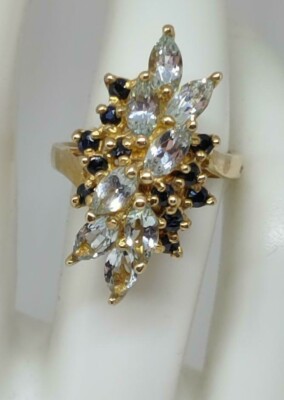 10KT GELBGOLD RING AUS NACHLASS SAPHIR UND AQUAMARIN WASSERFALL GRÖSSE 6,5