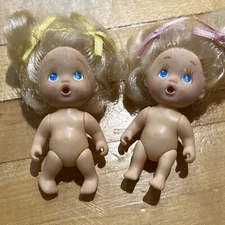 Two Vintage 1990 Tyco Quints Baby Dolls Blonde Pig Tails Bow 2.5” Pink & Blue