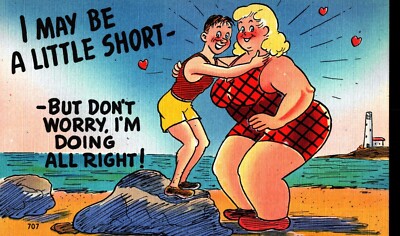 linen postcard Buxom BBW & LITTLE GUY cartoon humor 1940s