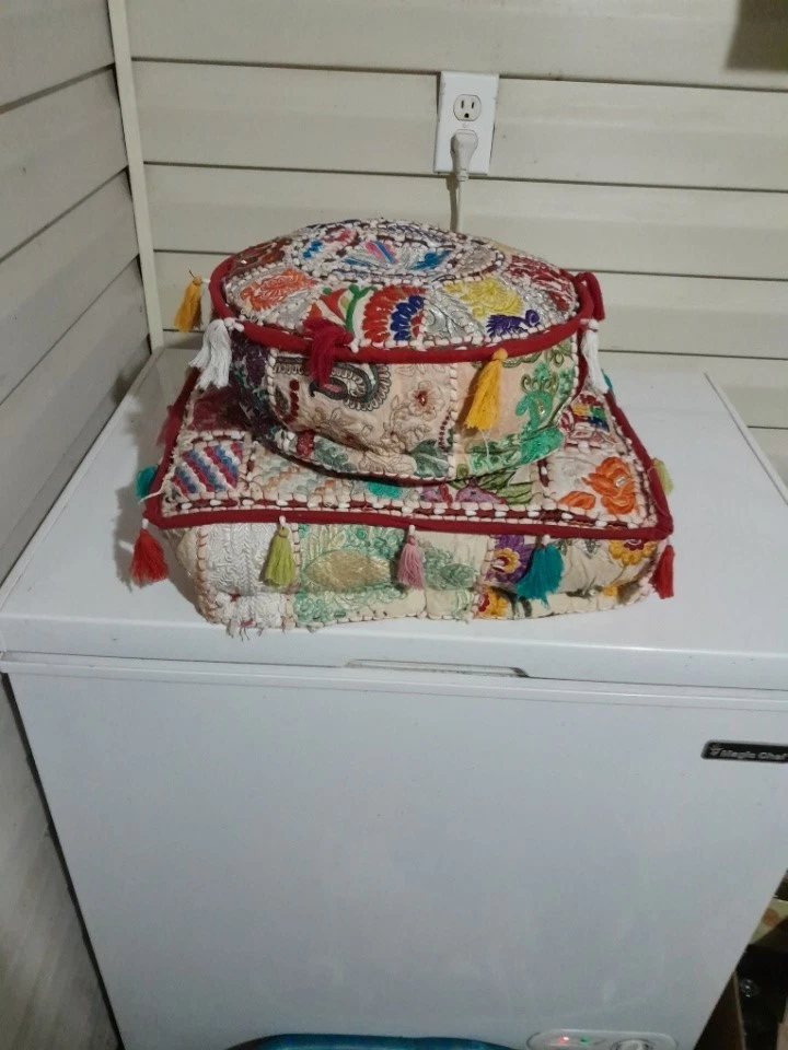 Ottoman Round/Square Pouf Vintage Patchwork Floor Cushion/Dog Bed Set Of 2 - Image 2 of 4