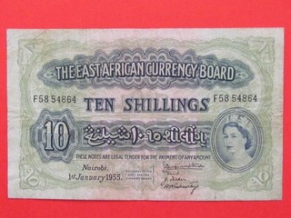 BILLETE DE 10 CHELINES DE ALTA CALIDAD BRITÁNICO DE ÁFRICA ORIENTAL (1955 RARO ESCASO) MUY BUEN ESTADO