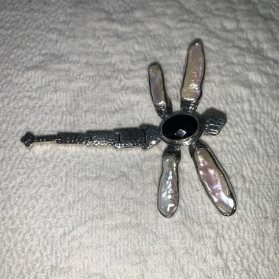 Sterling Silber 925 Onyx Libelle Barock Perle Flügel Gelenk Anhänger 3''