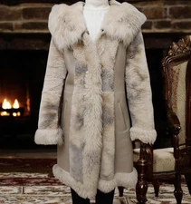 Beige leather sheepskin shearling coat penny lane hood Toscana