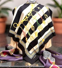 French Made CELINE Paris 100 SilkScarf 34" Black Beige Striped Gold Charm 36