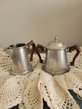 Vintage Stieff Pewter Colonial Sugar Bowl lid and Creamer Wood Handles