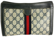 GUCCI Parfums Navy Blue Canvas GG Leather With Web Cosmetic Toiletry Clutch Bag