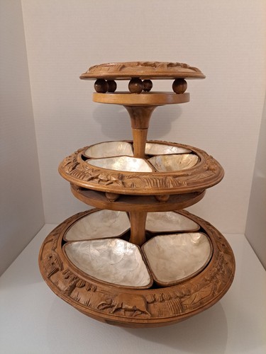 Vintage Monkey Pod 3-Tiered Lazy Susan Capiz Shell Lined Handmade Carved Wood