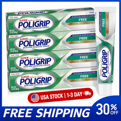 Super Poligrip Zinc Free Denture & Partials Adhesive Cream, 2.4 ounce Pack of 4