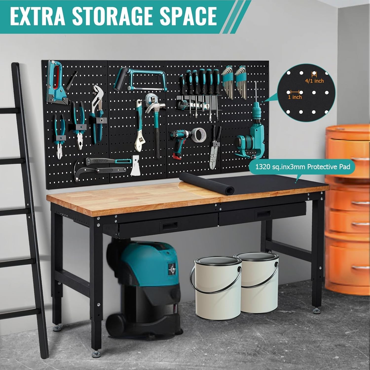 60 Inch Heavy-Duty Adjustable Workbench with Pegboard & Power Outlets Work Table
