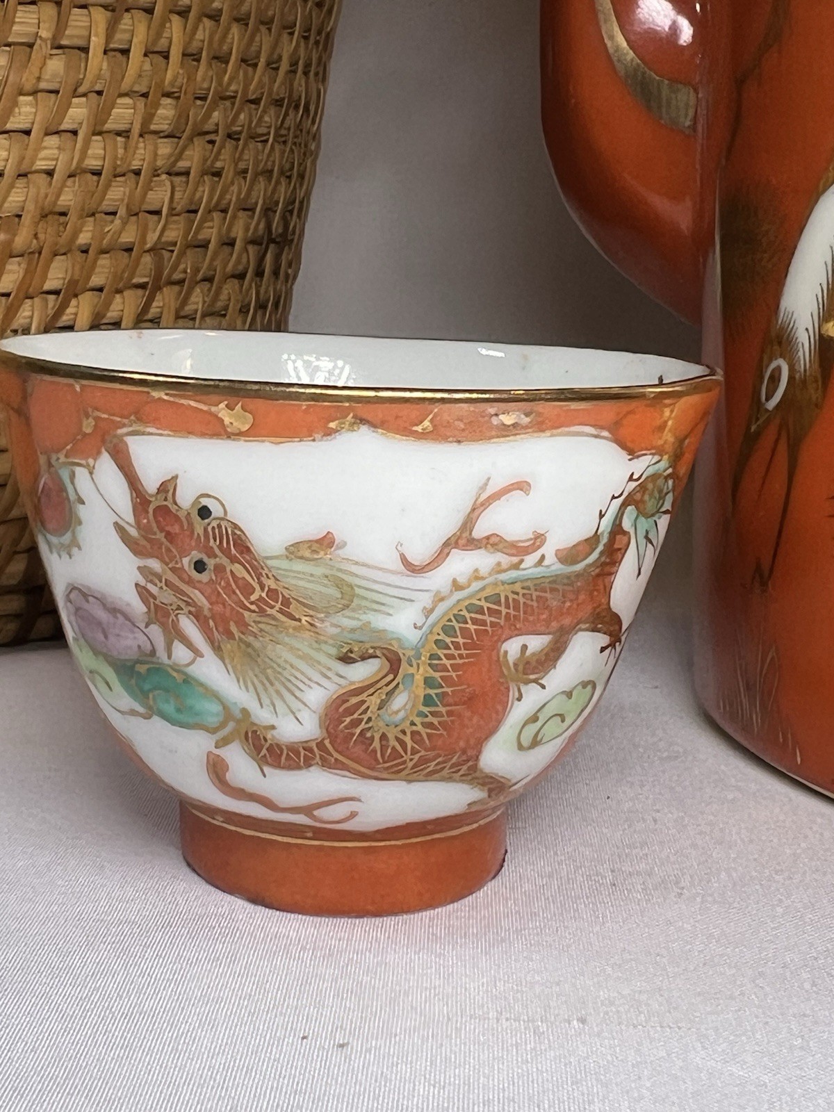ATQ VTG Chinese Porcelain Jingdezhen Gild Crowned Crane Sand Red Glaze Tea Set