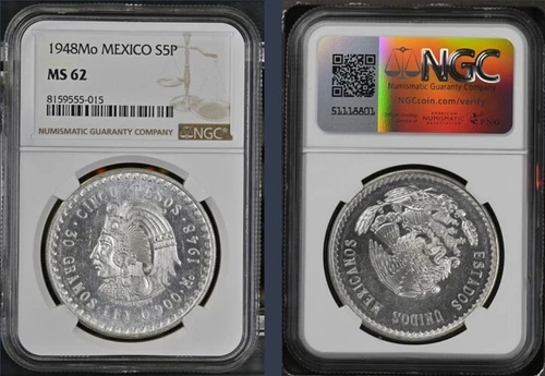 Mexico 1948 5 Pesos Silver ASW 30g. Cuahtemoc NGC MS62 (As Pictured)