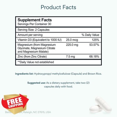 Bettervits Magnesium Glycinate Complex 225mg Zinc Vit D3 Sleep 60 Capsules