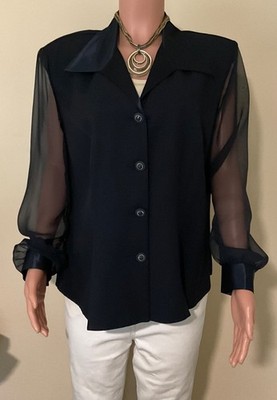 Vintage D.J. Simmons 18W Navy Sheer Sleeve Blouse USA Satin Collar Evening Top