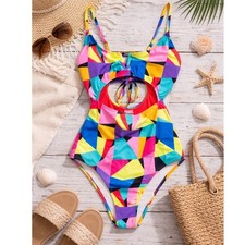 Bright Colorblock One Piece Swimsuit Cutout Open Back Tie Beach Vacation XS