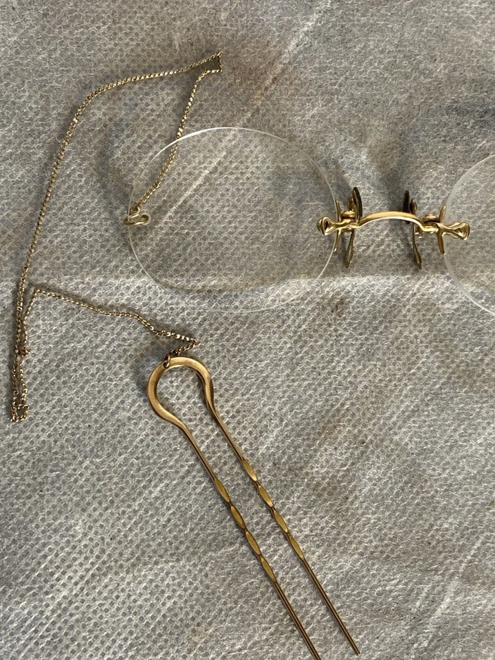 Antique Gold Pince Nez Eyeglasses With Chain & Gold Hair/Clothing Pin  - Image 2 of 4