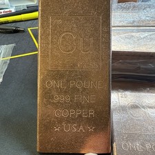 1 LB One Pound Copper 16 oz .999 Fine Bullion Bar Stamped Elemental Design
