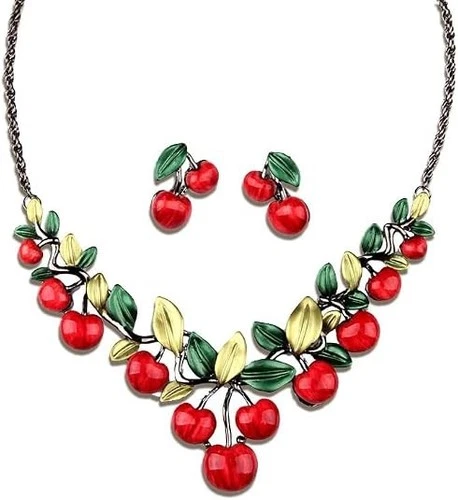 3D Red Cherry Jewelry Set for Women, Cute Cherry Earrings Pendant Necklace Gift - product listing photo