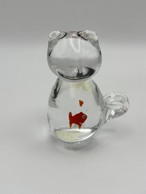 Vintage Hand Blown Clear Art Glass 4'' Sitting Cat Swallowed Red Fish Figurine