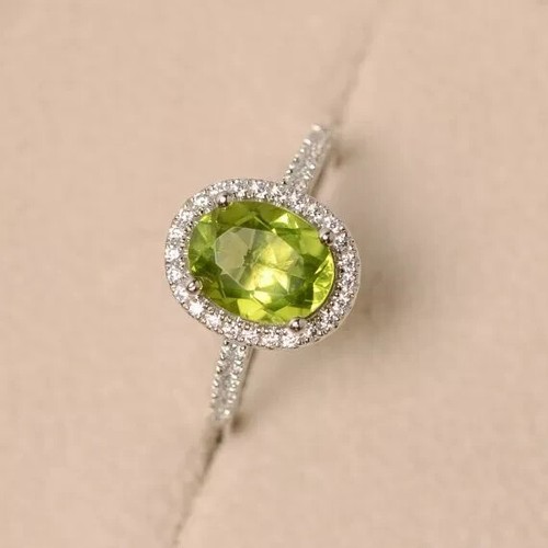 3Ct Oval Cut Peridot Lab Created Women's Halo Anniversary 14K White Gold Plated - Picture 2 of 6