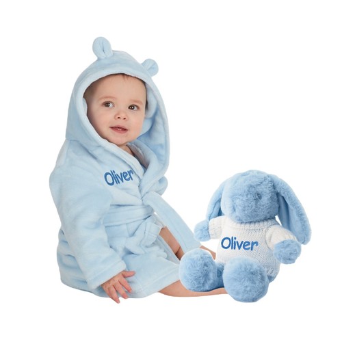 Personalised Embroidered Baby Robe Dressing Gown Teddy Bear Gift Set - Picture 3 of 8