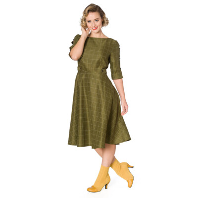 Banned Retro Rockabilly Swing Vintage Kleid - Cheeky Check Khaki Kariert