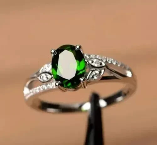 2CT Oval Cut Lab- Created Green Emerald Engagement Ring 14K White Gold Plated - Picture 7 of 7
