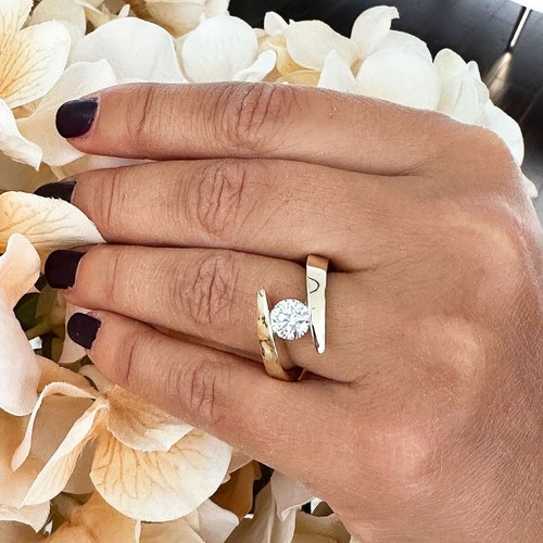 14K SOLID YELLOW GOLD ROUND CUT MOISSANITE ENGAGEMENT RING TENSION SET 1.25CT - Picture 15 of 19