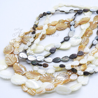 MOP Shell Carved Leaf  Beads 16in. long White, Beige, Black Pick Sizes